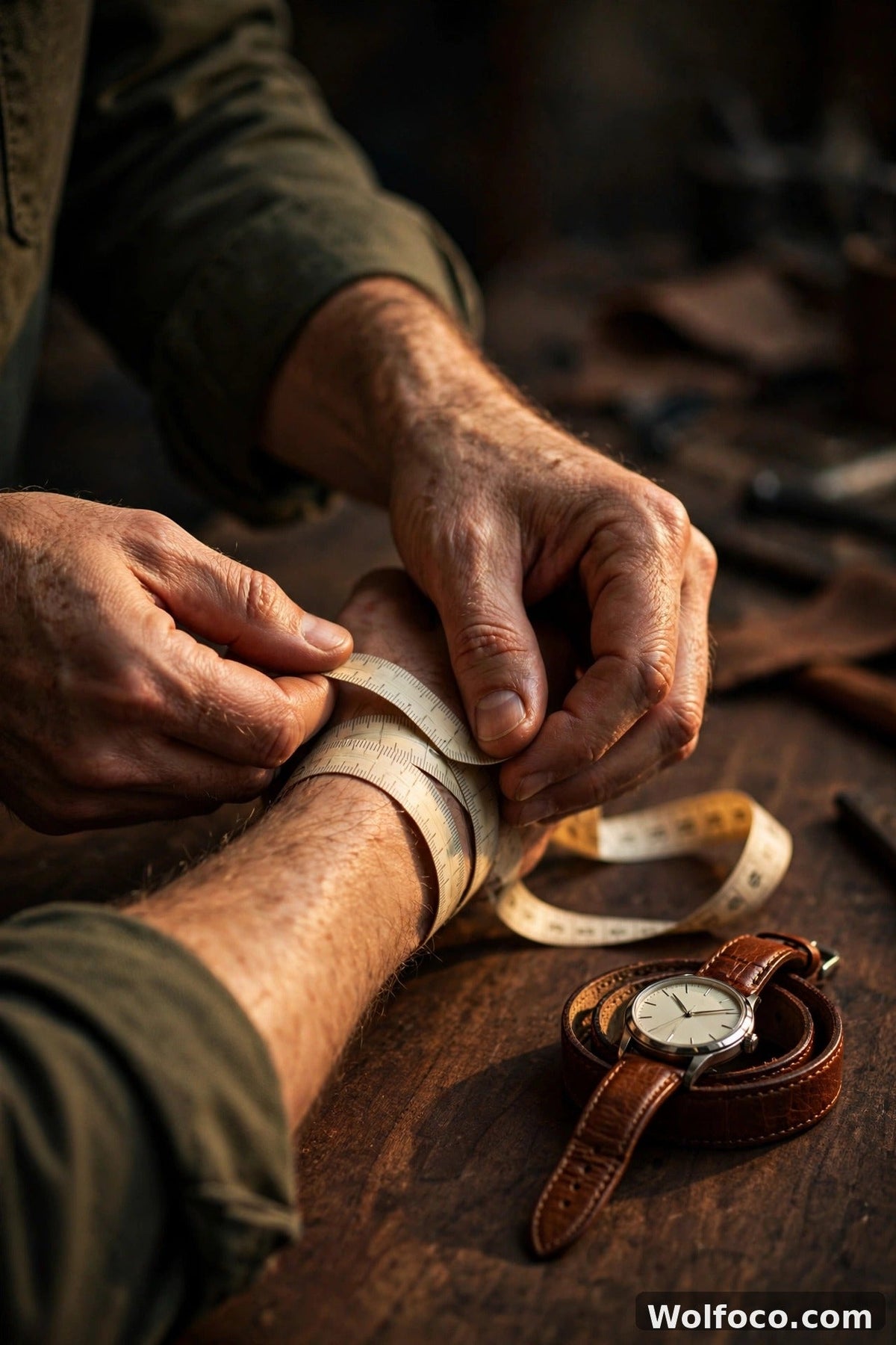 Craftsman wrapping a measuring tape around a wrist beside a cognac leather watch strap