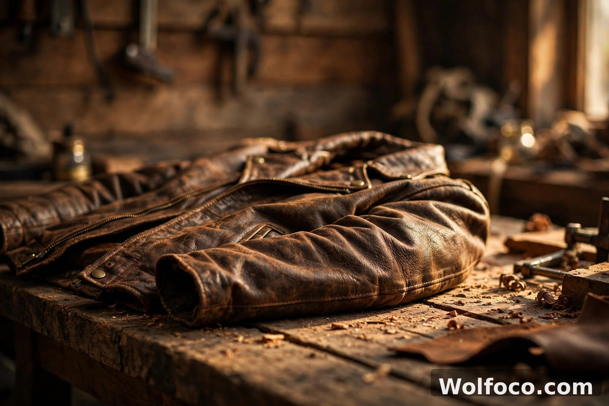 Men's brown leather jacket on a craftsman's workbench