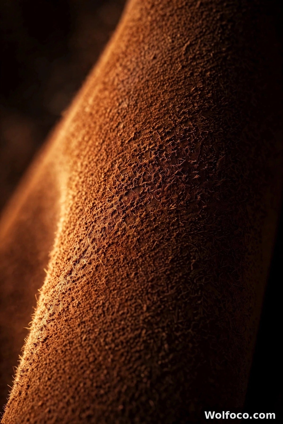 Cinematic close-up of cognac-brown nubuck leather's velvety nap catching warm light