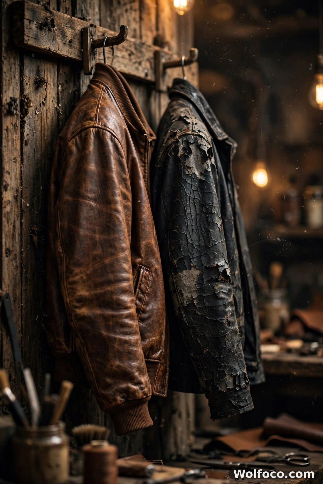 Aged genuine leather jacket beside a cracked peeling synthetic jacket in a leather workshop