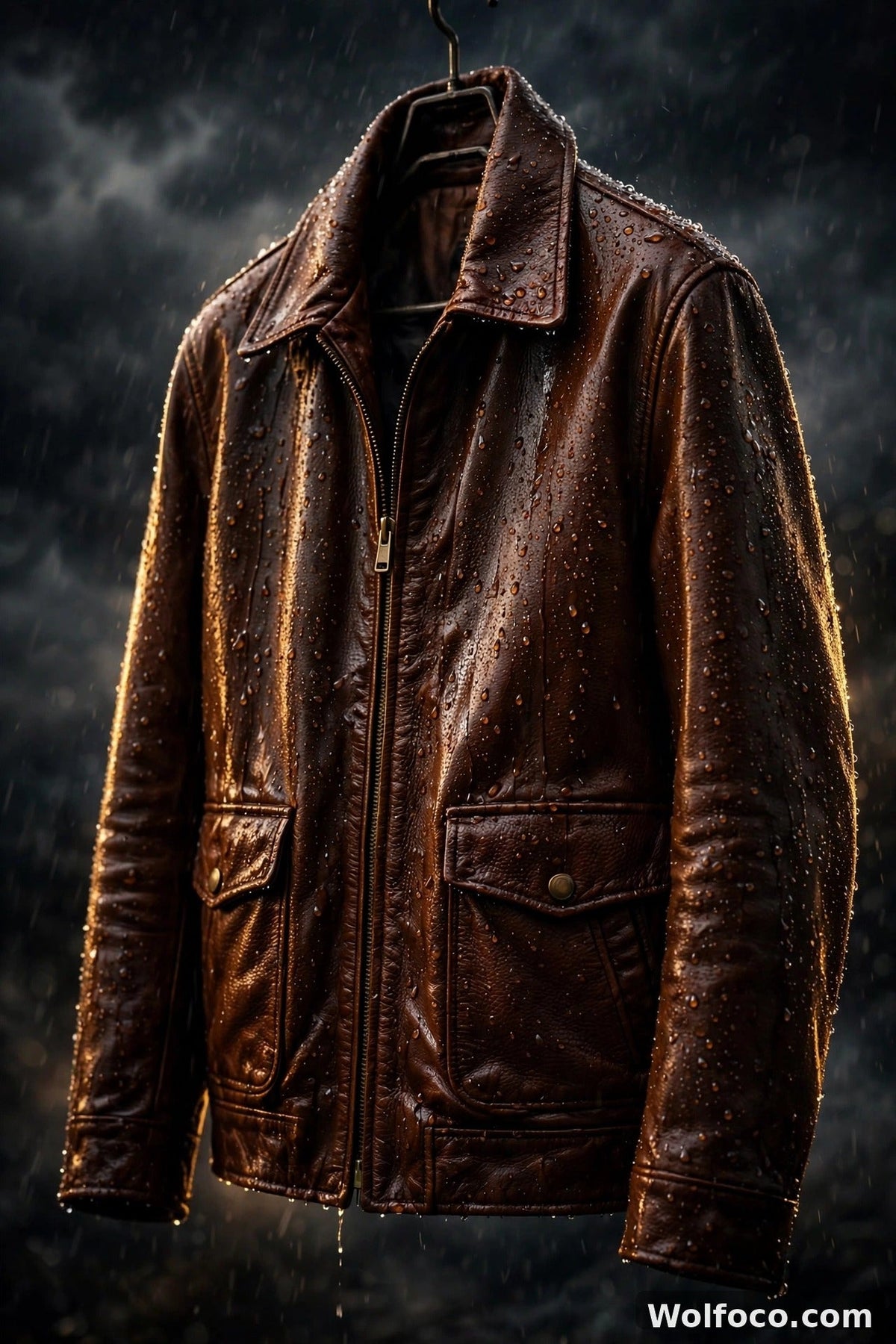 Rain droplets beading on a cognac brown leather jacket hanging against a stormy dark background