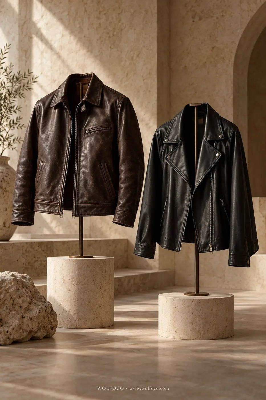 Two illustrative leather jackets comparing structured and soft silhouettes