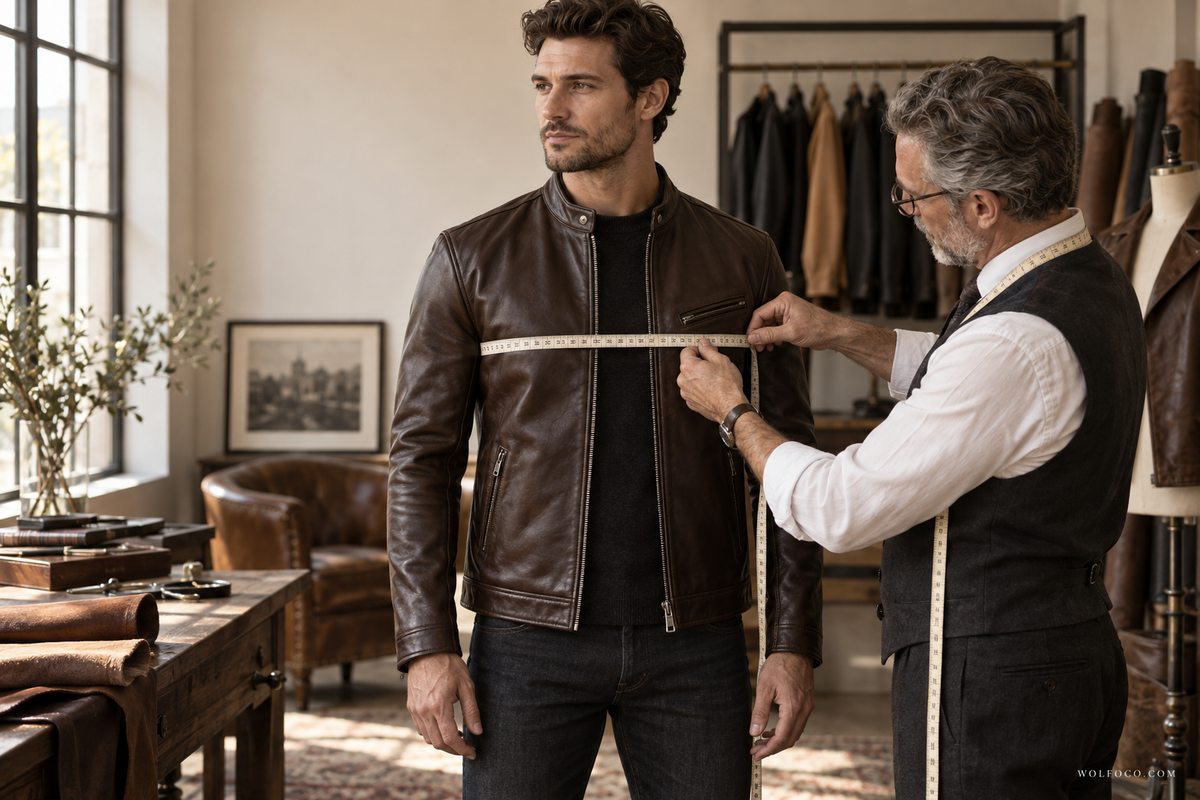 A Wolfoco tailor measuring the chest of a customer wearing a brown cafe racer leather jacket