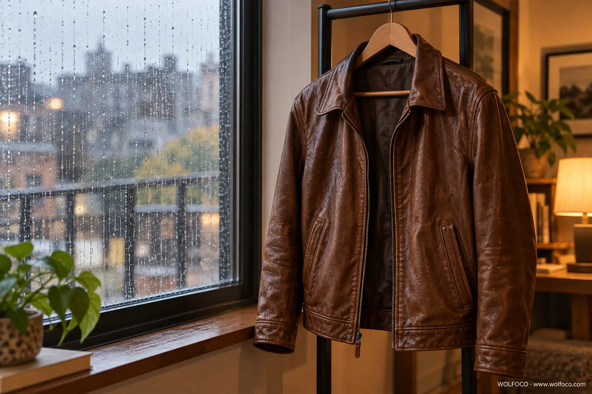 Brown leather jacket drying indoors near a rainy window