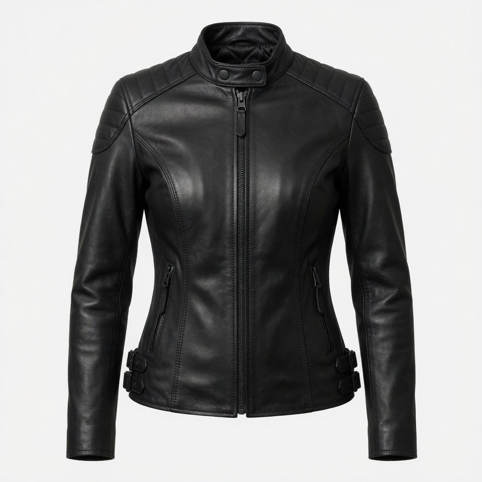 Schwarze Motorradjacke aus echtem Leder für Damen – schmal geschnittene Bikerjacke