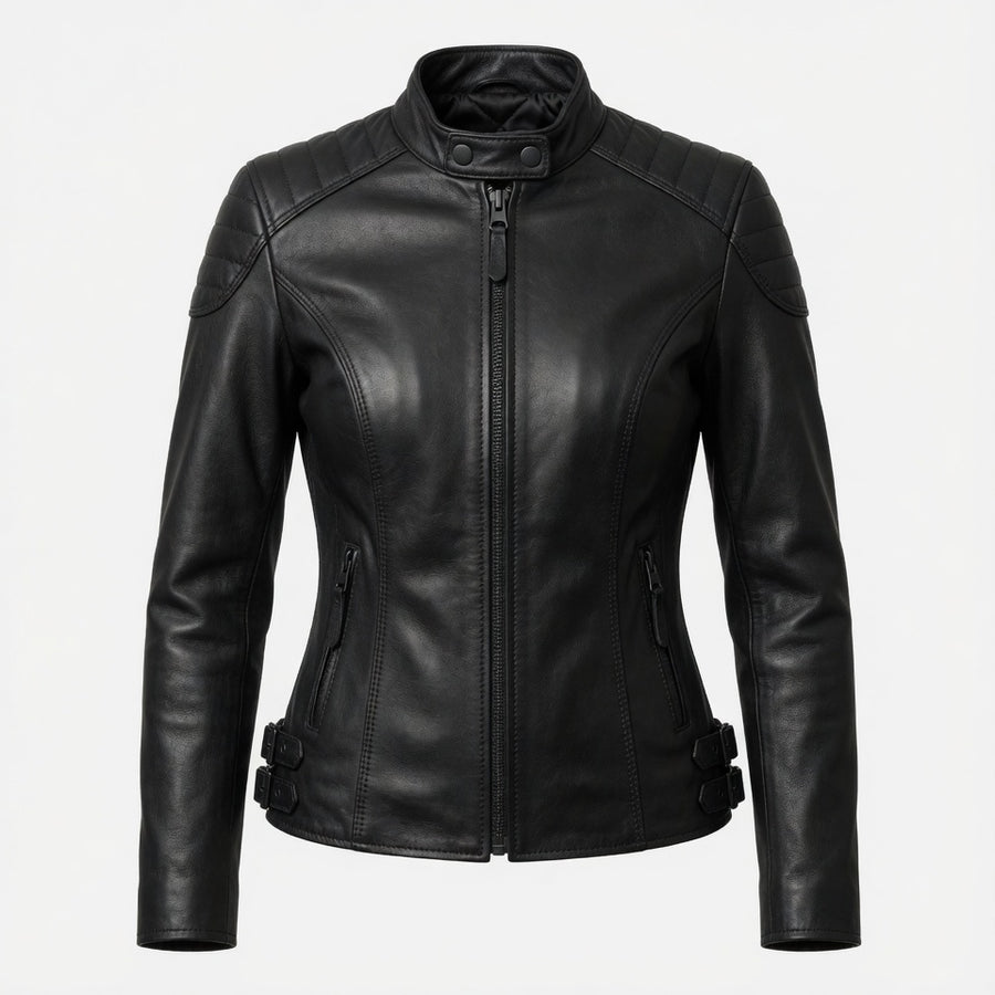 Women’s Black Genuine Leather Motorcycle Jacket – Slim Fit Biker Jacket