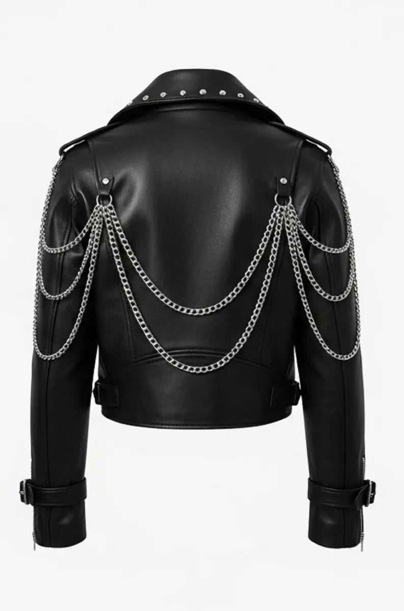 Handgefertigte Damen-Bikerjacke aus echtem schwarzem Leder mit Nieten und Kette | Punk-Motorradjacke