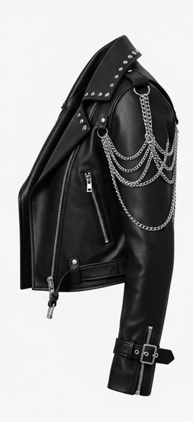 Handgefertigte Damen-Bikerjacke aus echtem schwarzem Leder mit Nieten und Kette | Punk-Motorradjacke