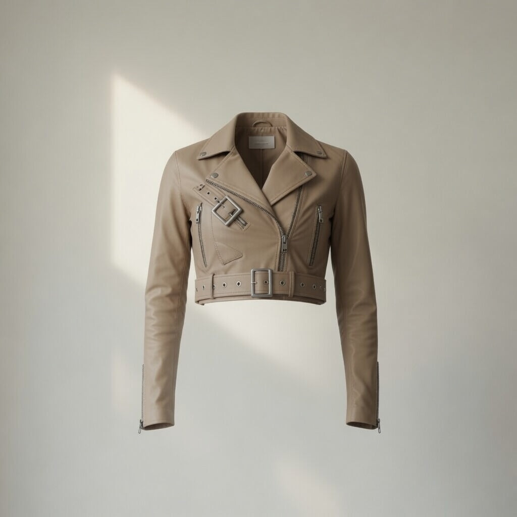 Damen-Bikerjacke aus echtem Leder in Crop-Länge & High-Waist Lederhose mit weitem Bein – Beiges luxuriöses Zweiteiler-Outfit