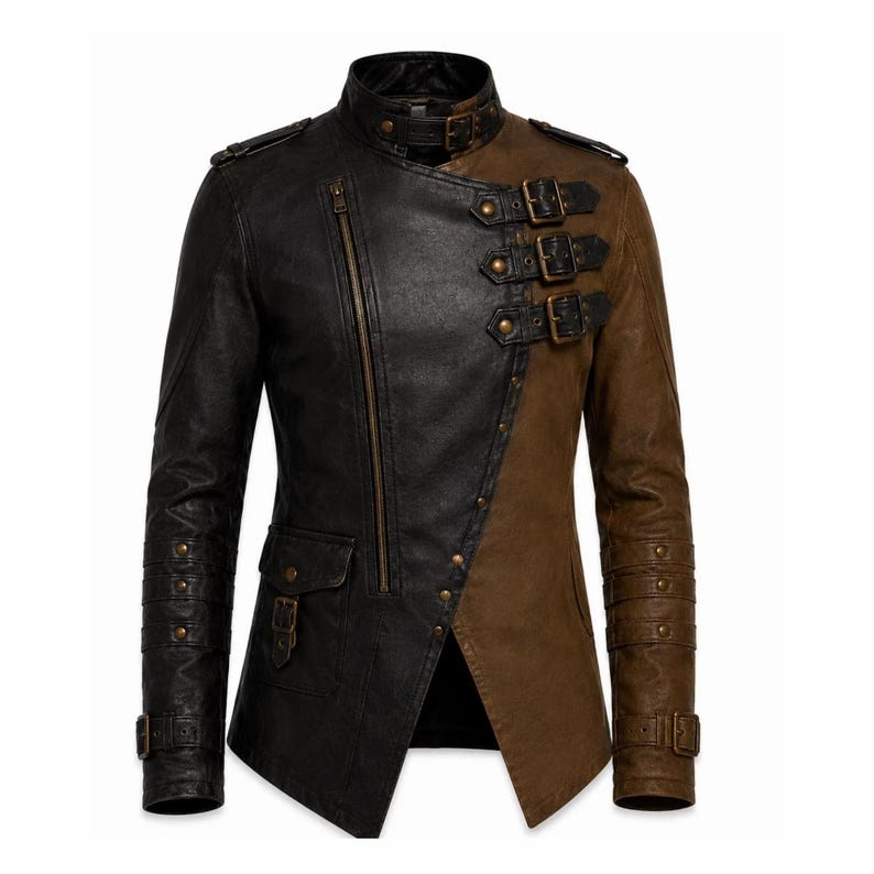 Men’s Black & Brown Genuine Leather Jacket – Medieval Warrior Steampunk Biker Coat