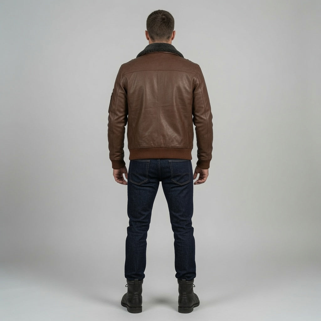 Herren Bomberjacke aus echtem braunem Leder mit Sherpa-Kragen | Winter-Fliegerjacke