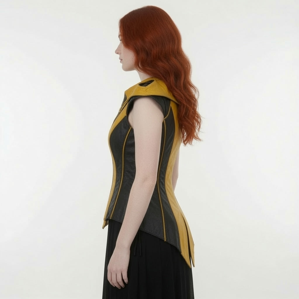 Women's Yellow & Black Fantasy Leather Corset Vest – Medieval Hooded Cosplay Costume