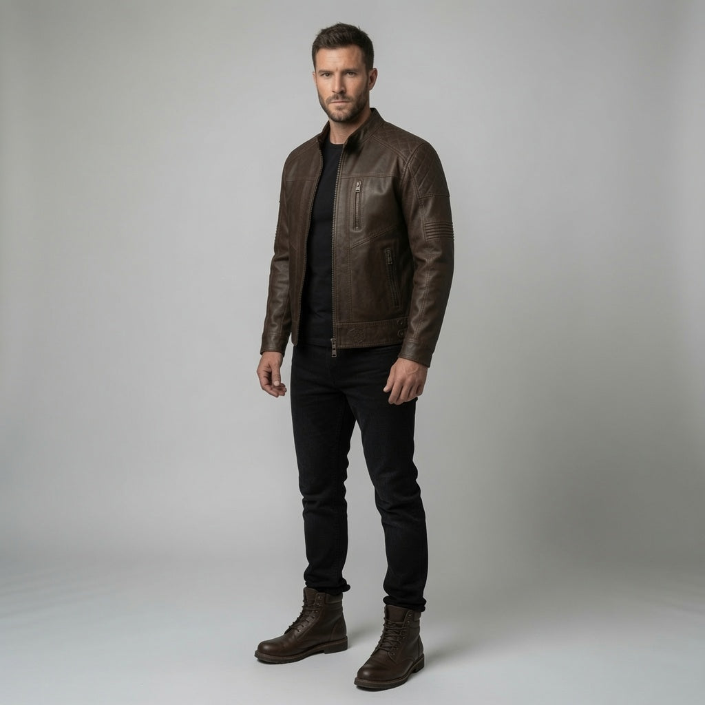 Herren Vintage Braune Echtleder Cafe Racer Jacke | Handgefertigte Motorrad Lederjacke