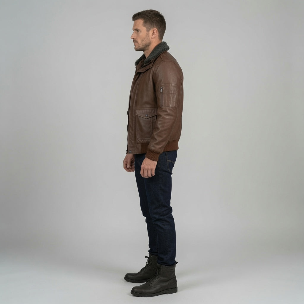 Herren Bomberjacke aus echtem braunem Leder mit Sherpa-Kragen | Winter-Fliegerjacke