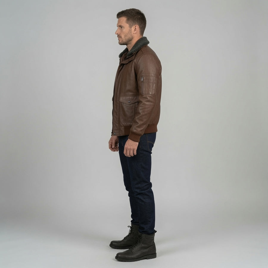 Men's Brown Genuine Leather Bomber Jacket with Sherpa Collar | Winter Aviator Flight Jacket