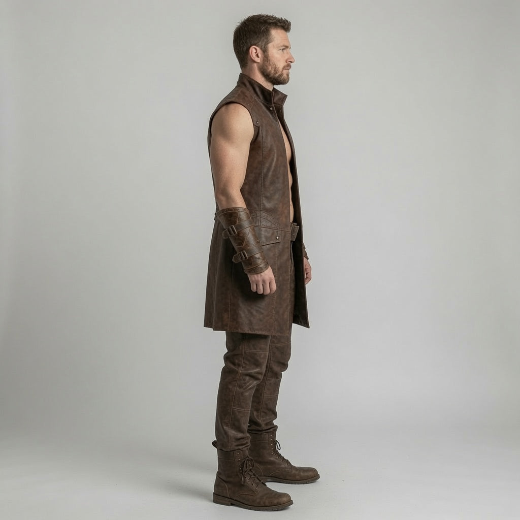 Herren Mittelalterliche Lederweste in Braun – Fantasy Krieger Lange Weste und Hose für LARP & Cosplay