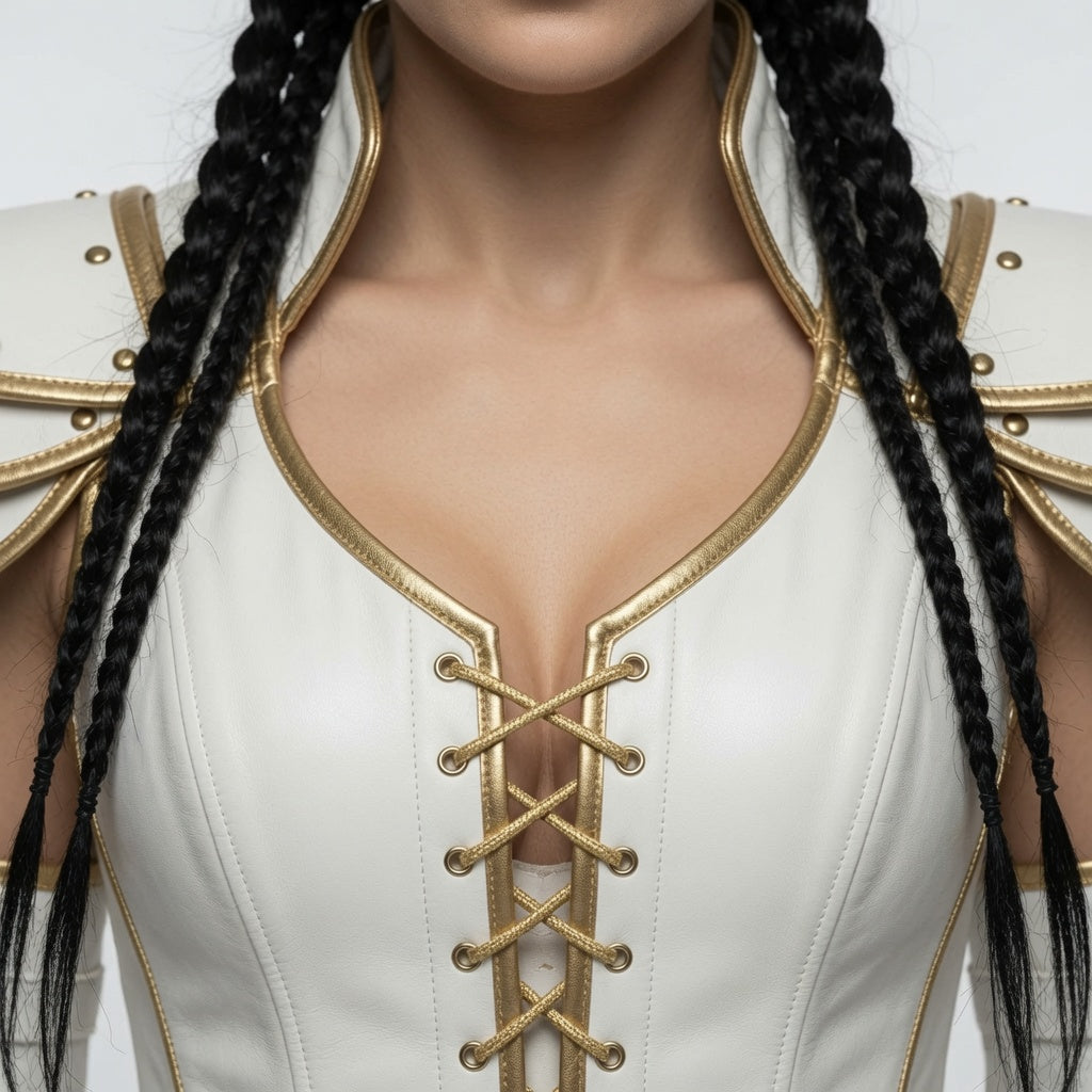 Damen Korsett aus weiß-goldenem Fantasy-Lederharnisch – Mittelalterliches Krieger-Cosplay-Kostüm