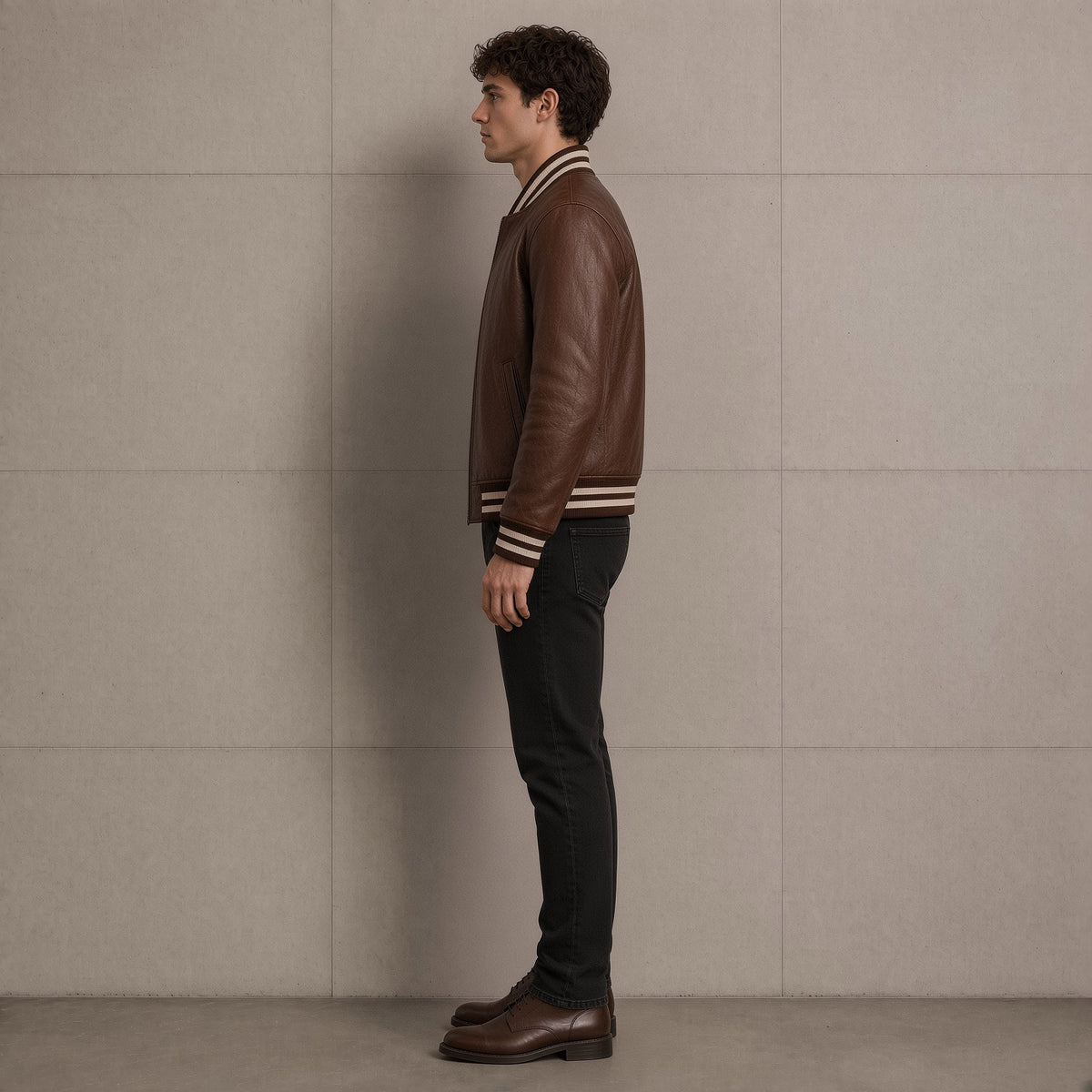 Men's Brown Leather Varsity Jacket – Classic Snap Button Bomber