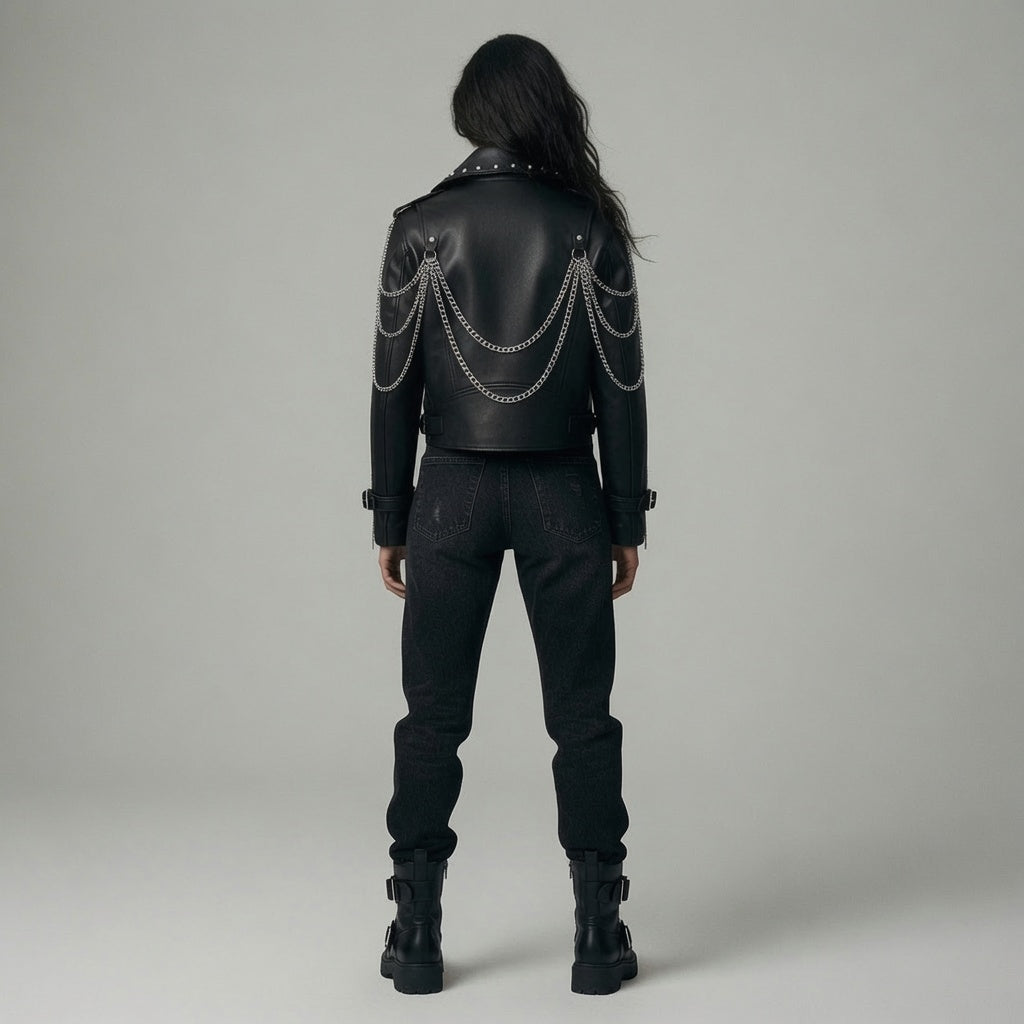 Handgefertigte Damen-Bikerjacke aus echtem schwarzem Leder mit Nieten und Kette | Punk-Motorradjacke