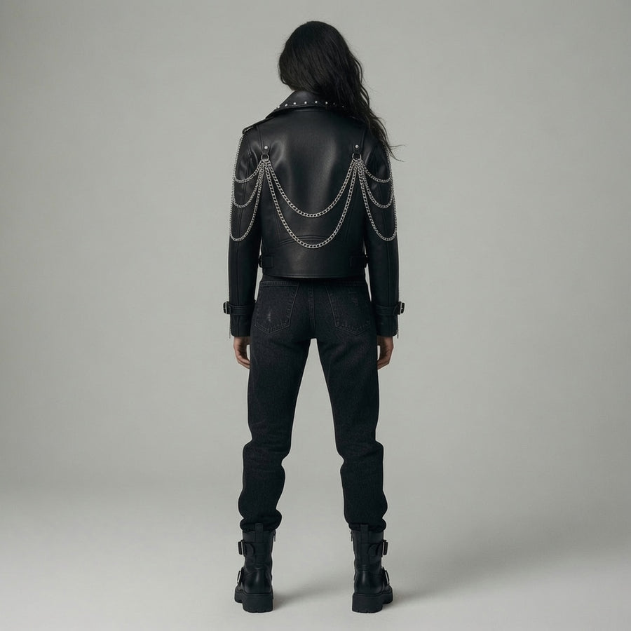 Women's Handmade Genuine Black Leather Studded Chain Biker Jacket | Punk Moto Motorcycle Jacket