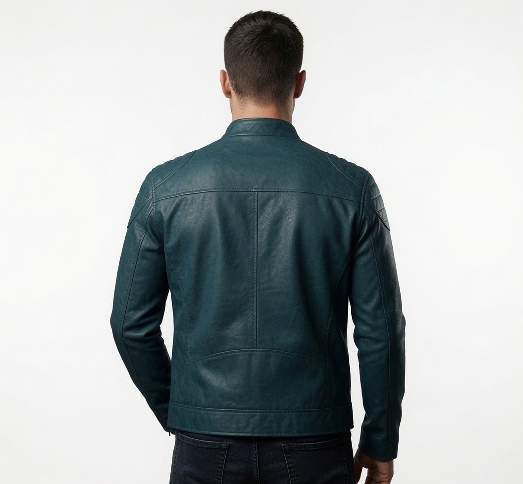 Herren himmelblaue Cafe Racer Jacke aus echtem Leder – schmale Bikerjacke