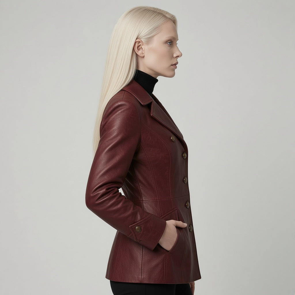 Women’s Burgundy Leather Blazer Jacket – Double Breasted Fitted Leather CoatWomen’s Burgundy Leather Blazer Jacket – Double Breasted Fitted Leather Coat