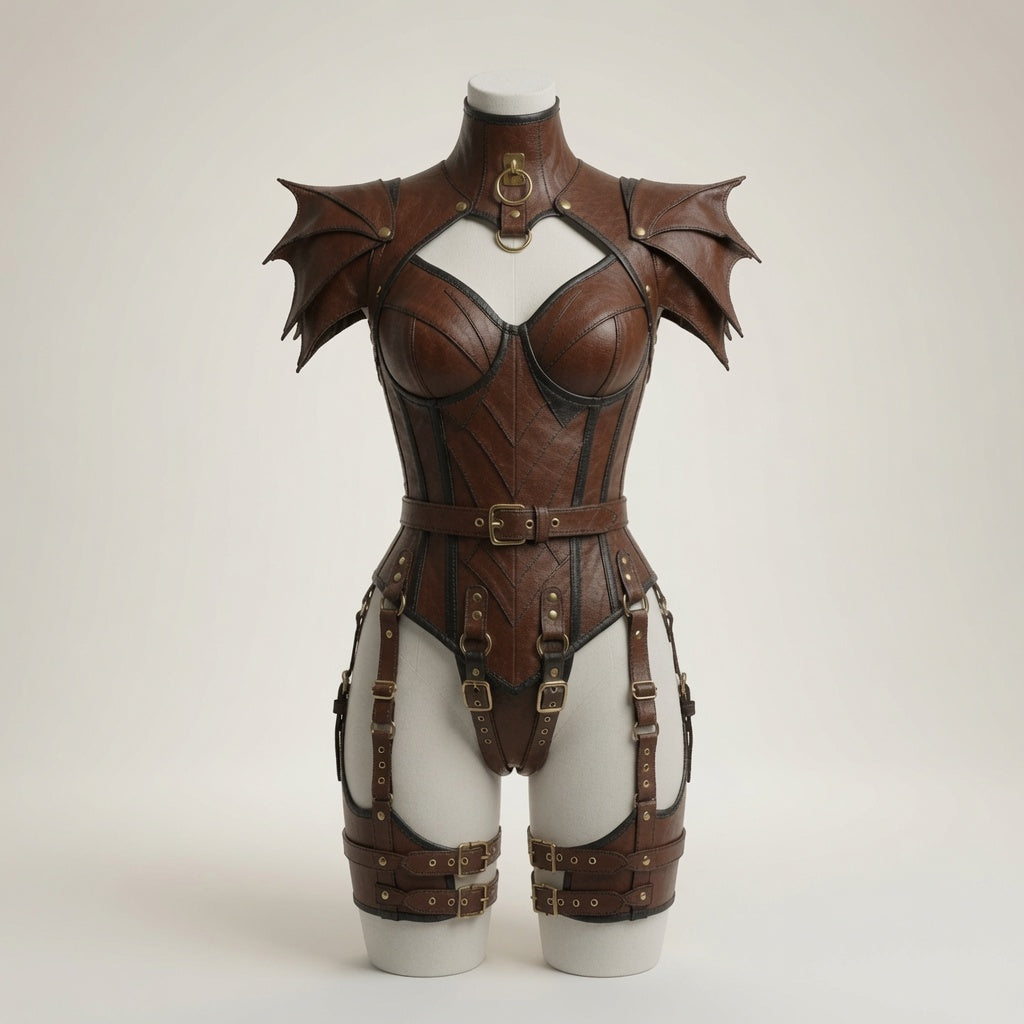 Damen Braunes Fantasy Leder Rüstungs-Bodysuit – Mittelalterlicher Krieger Cosplay Kostüm