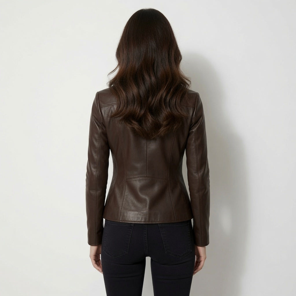 Damen Dunkelbraune Motorradjacke aus echtem Leder | Schmale Café Racer Lederjacke
