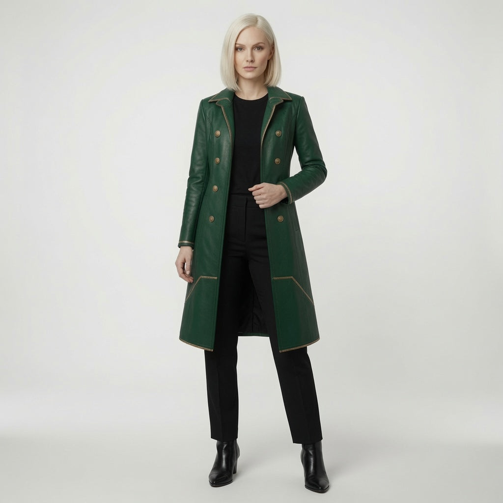 Women's Emerald Green Leather Long Coat – Double Breasted Military Style Trench Jacket