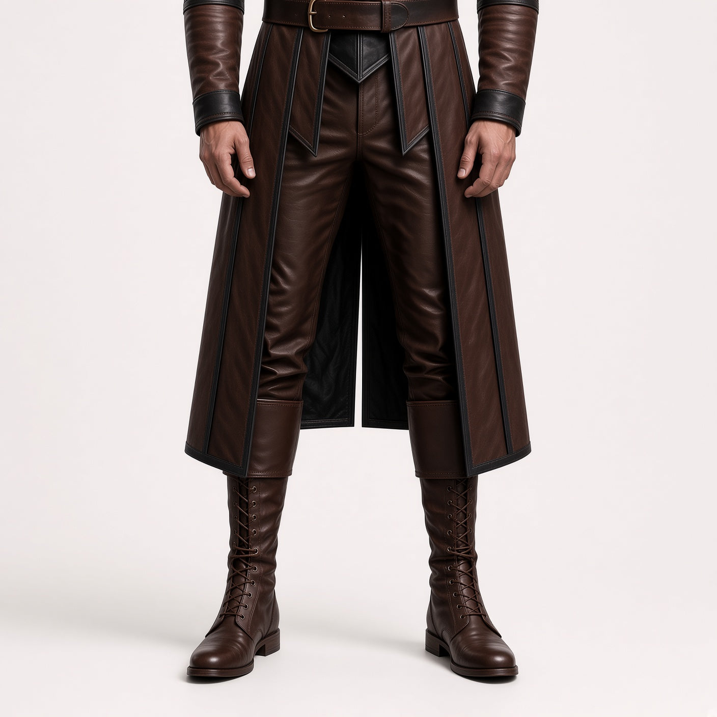 Men's Brown Leather Medieval Costume Set | Gothic Long Coat, Pants & Boots