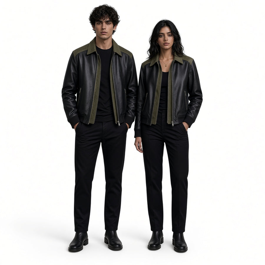 Olive Green & Black Genuine Leather Jacket for Men & Women – Premium Two Tone Jacket