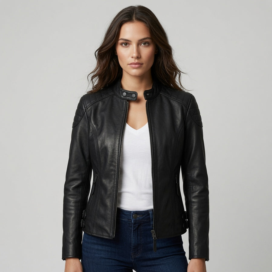 Schwarze Motorradjacke aus echtem Leder für Damen – schmal geschnittene Bikerjacke