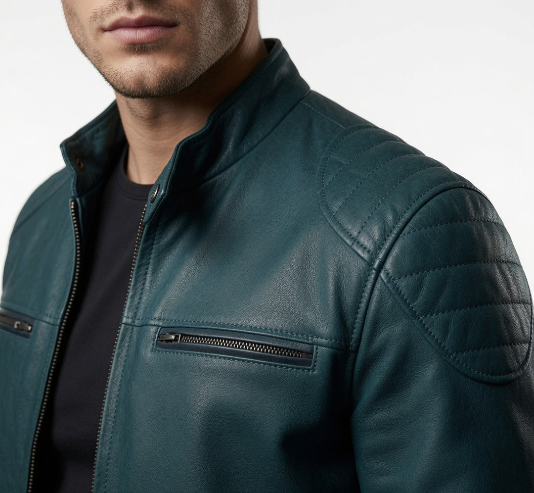 Herren himmelblaue Cafe Racer Jacke aus echtem Leder – schmale Bikerjacke