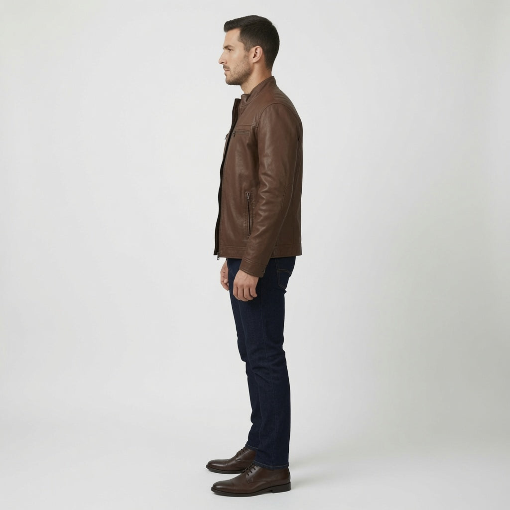 Herren Klassische braune Echtleder Cafe Racer Jacke | Minimalistische Motorrad Lederjacke