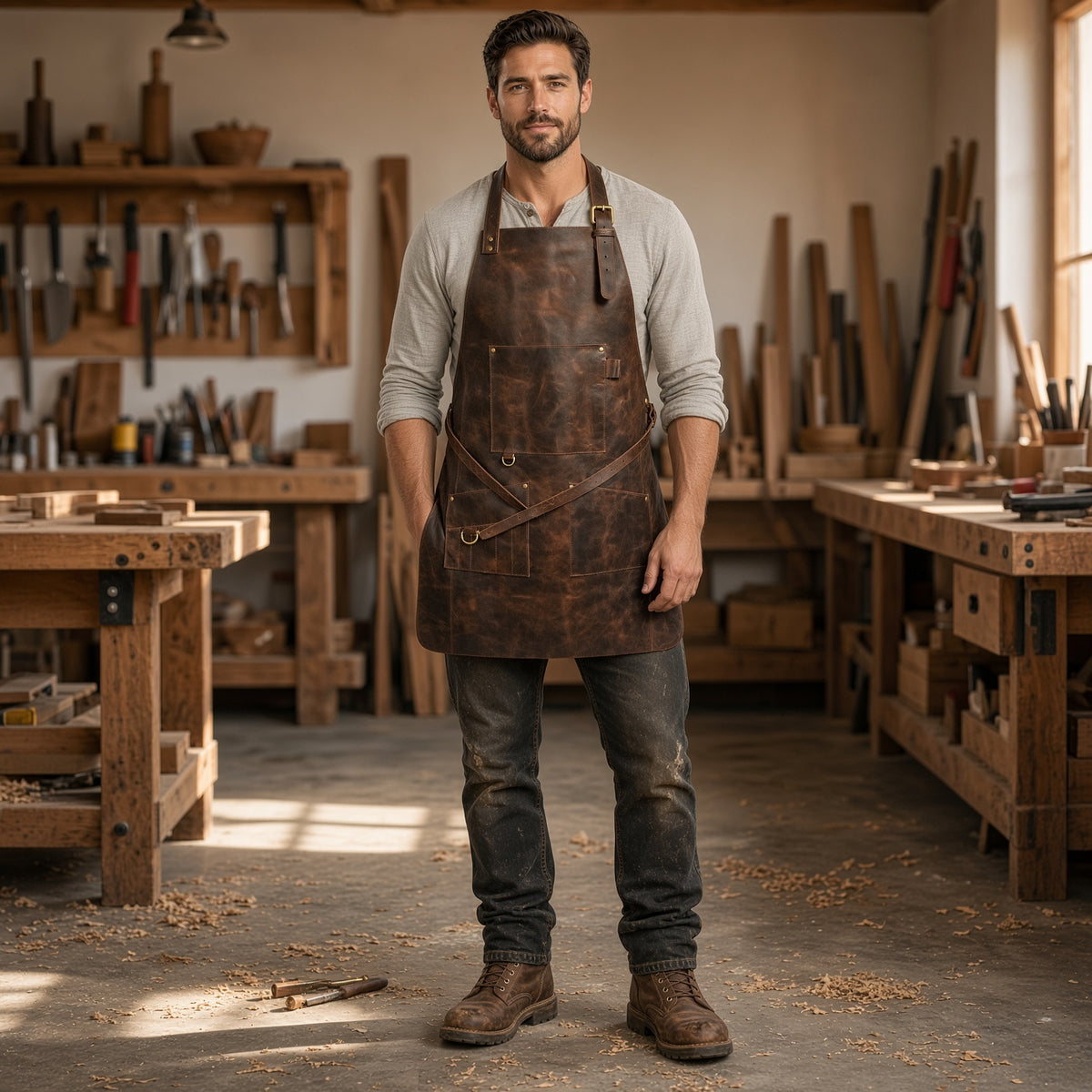 Men’s Genuine Leather Workshop Apron – Heavy Duty Handmade Craft & Tool Apron