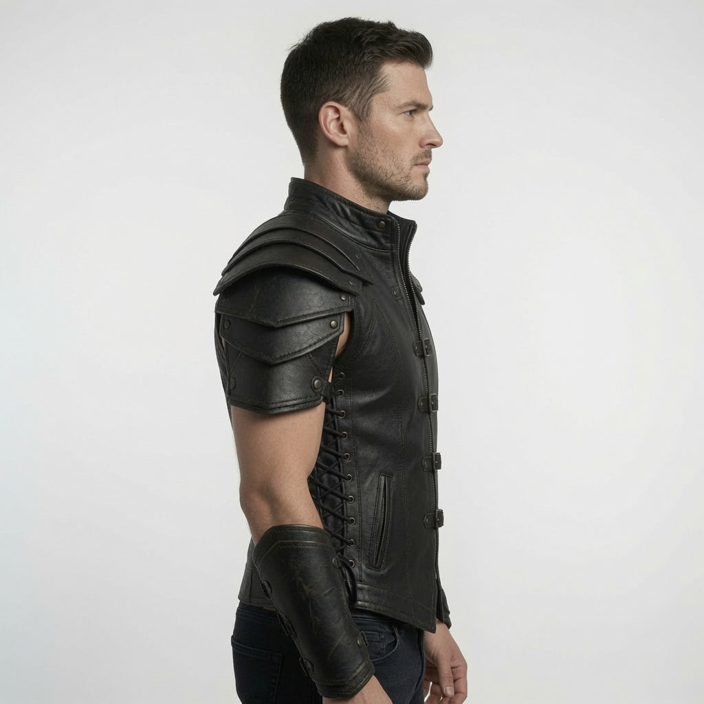 Men's Black Fantasy Leather Armor Vest – Medieval Warrior Cosplay Costume with Bracers