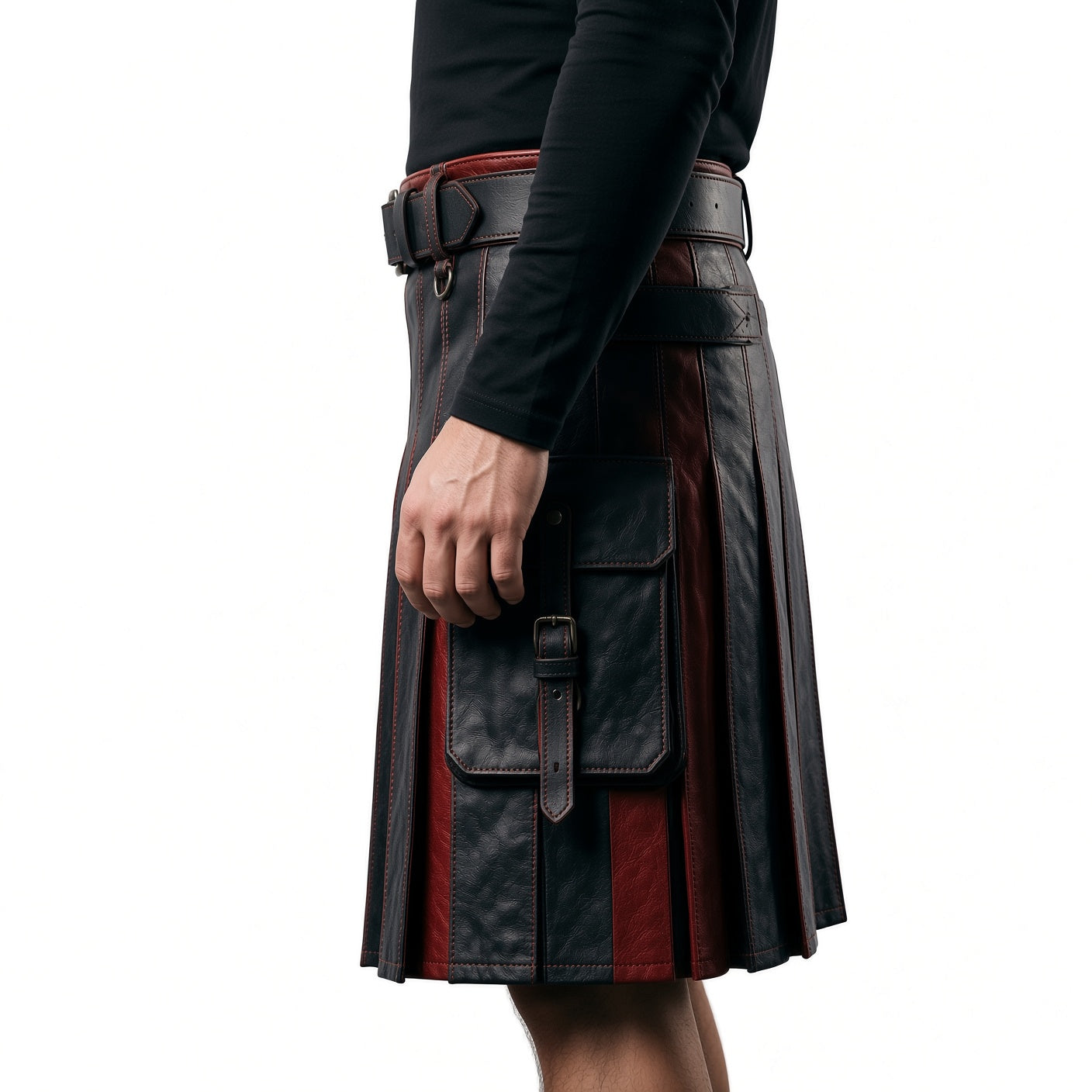 Men’s Black & Red Leather Kilt | Gothic Warrior Utility Kilt | Alternative Fashion Costume