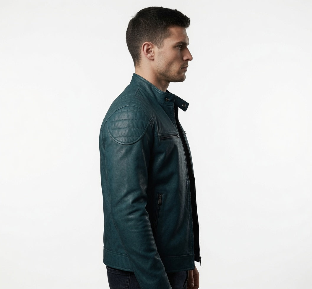 Herren himmelblaue Cafe Racer Jacke aus echtem Leder – schmale Bikerjacke