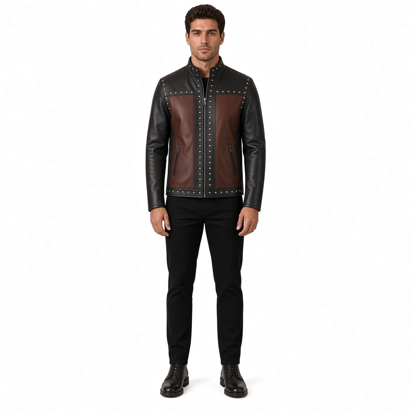 Men's Black & Brown Studded Leather Jacket – Vintage Biker Style