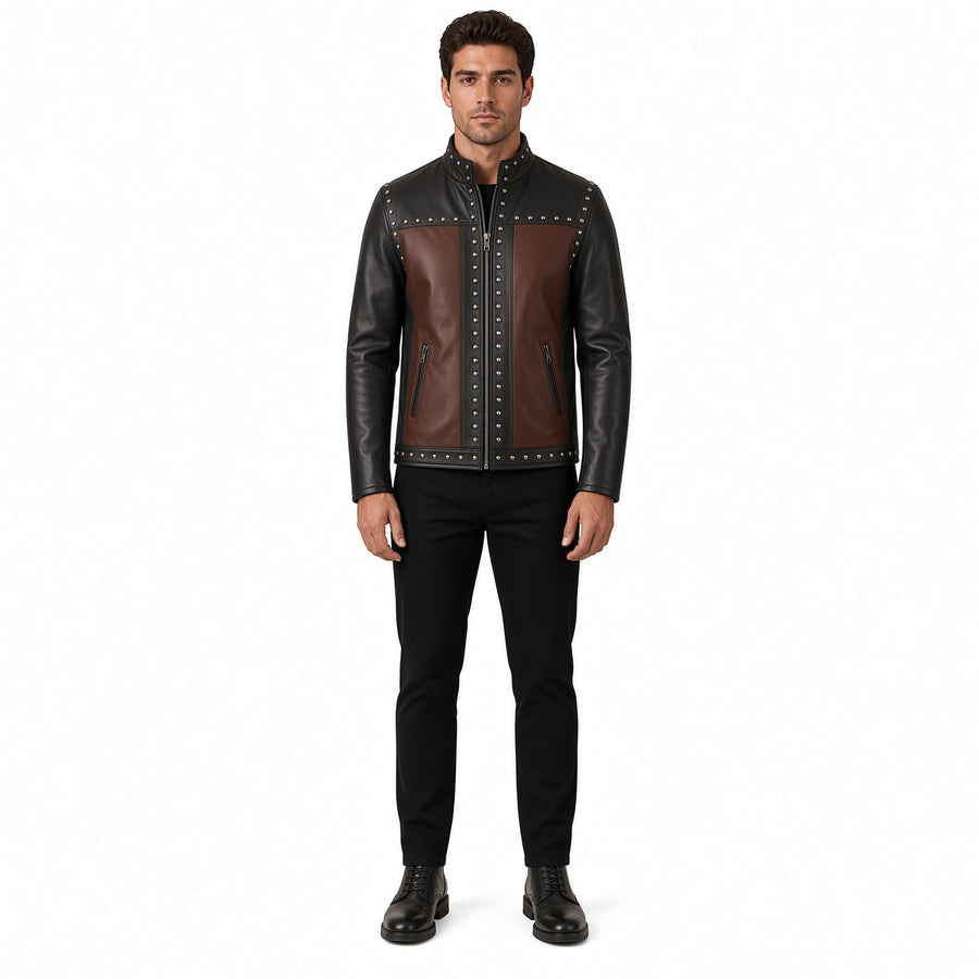 Men's Black & Brown Studded Leather Jacket – Vintage Biker Style