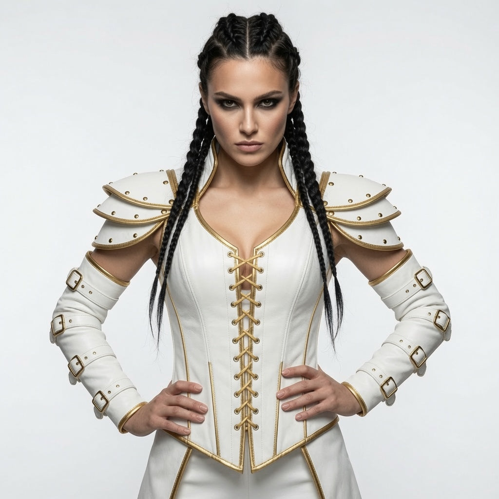 Damen Korsett aus weiß-goldenem Fantasy-Lederharnisch – Mittelalterliches Krieger-Cosplay-Kostüm