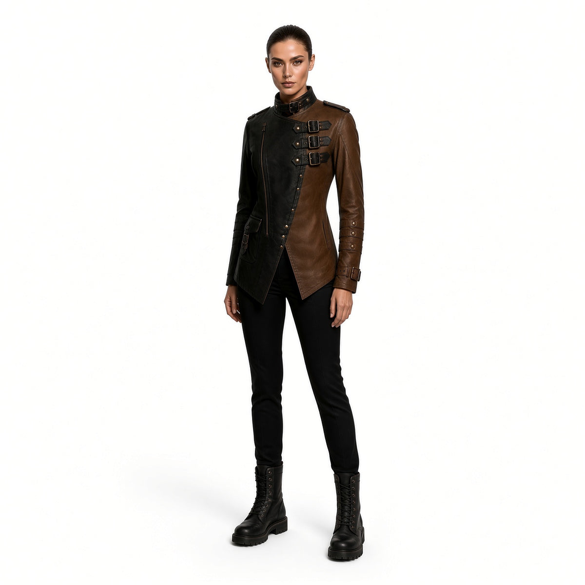 Men’s Black & Brown Genuine Leather Jacket – Medieval Warrior Steampunk Biker Coat