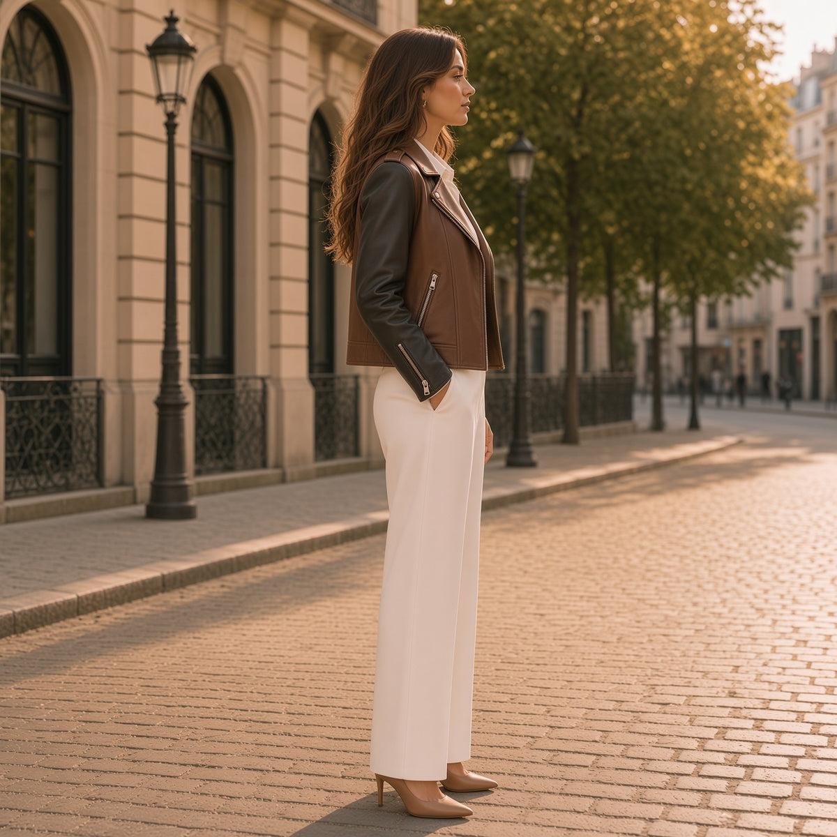 Women's Black Brown Leather Jacket & Bag Set | Wolfo Co