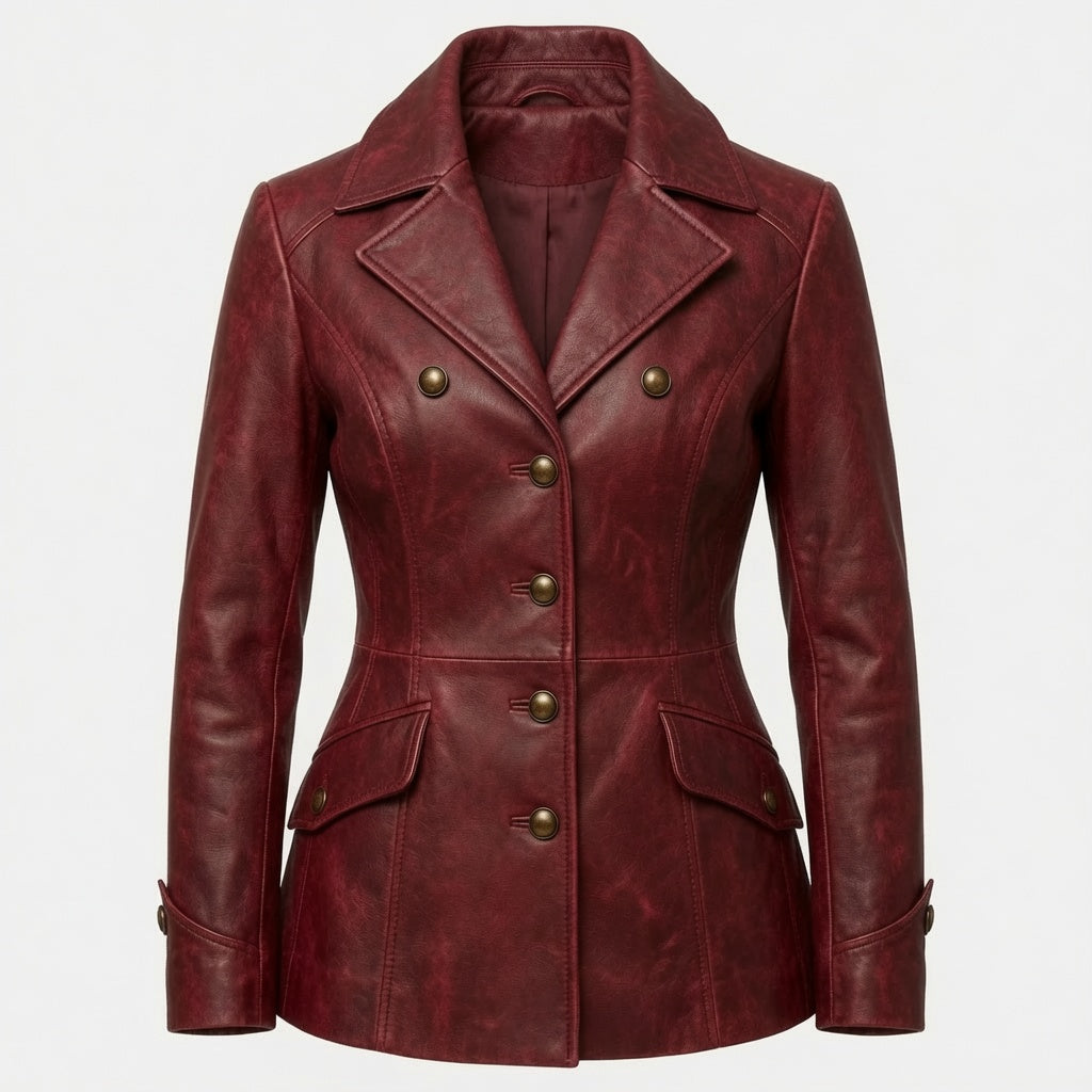 Women’s Burgundy Leather Blazer Jacket – Double Breasted Fitted Leather CoatWomen’s Burgundy Leather Blazer Jacket – Double Breasted Fitted Leather Coat