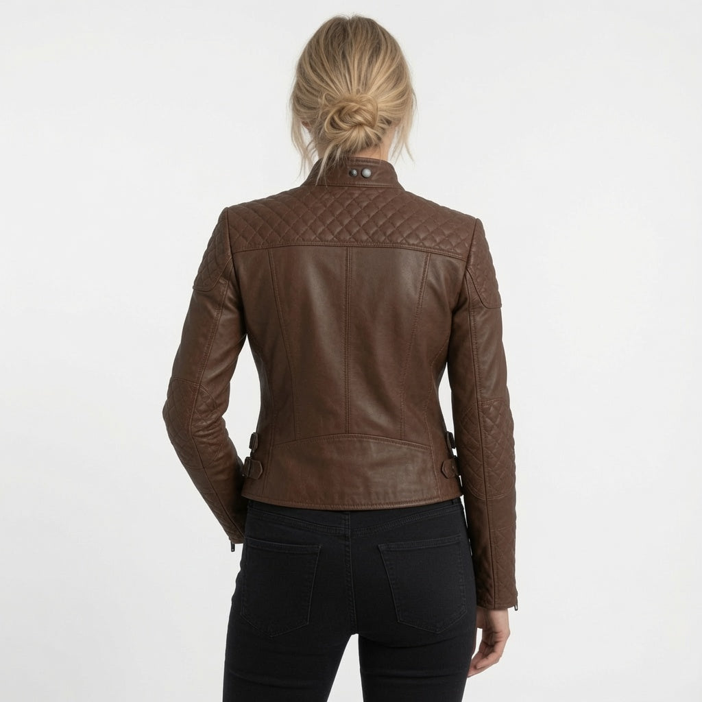Damen braune Echtleder Motorradjacke – Steppschulter Slim-Fit Bikerjacke