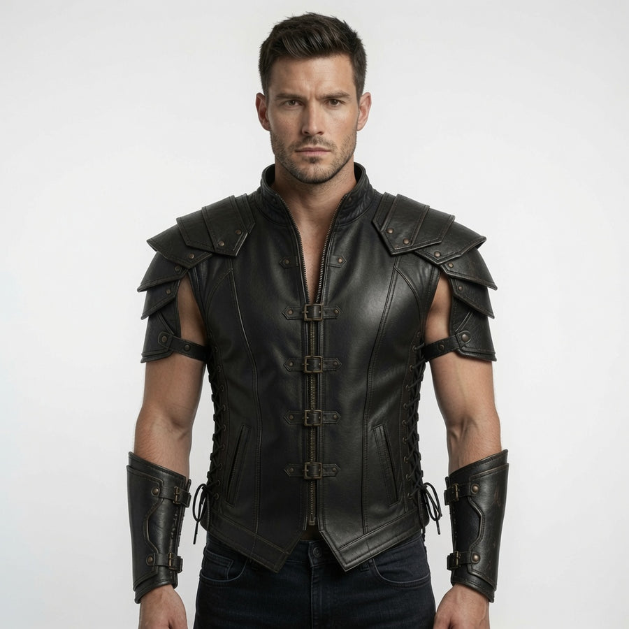 Men's Black Fantasy Leather Armor Vest – Medieval Warrior Cosplay Costume with Bracers