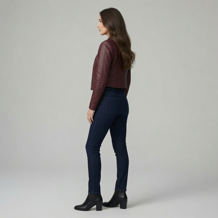Women's Burgundy Cropped Leather Jacket – Slim Fit Casual Moto Style