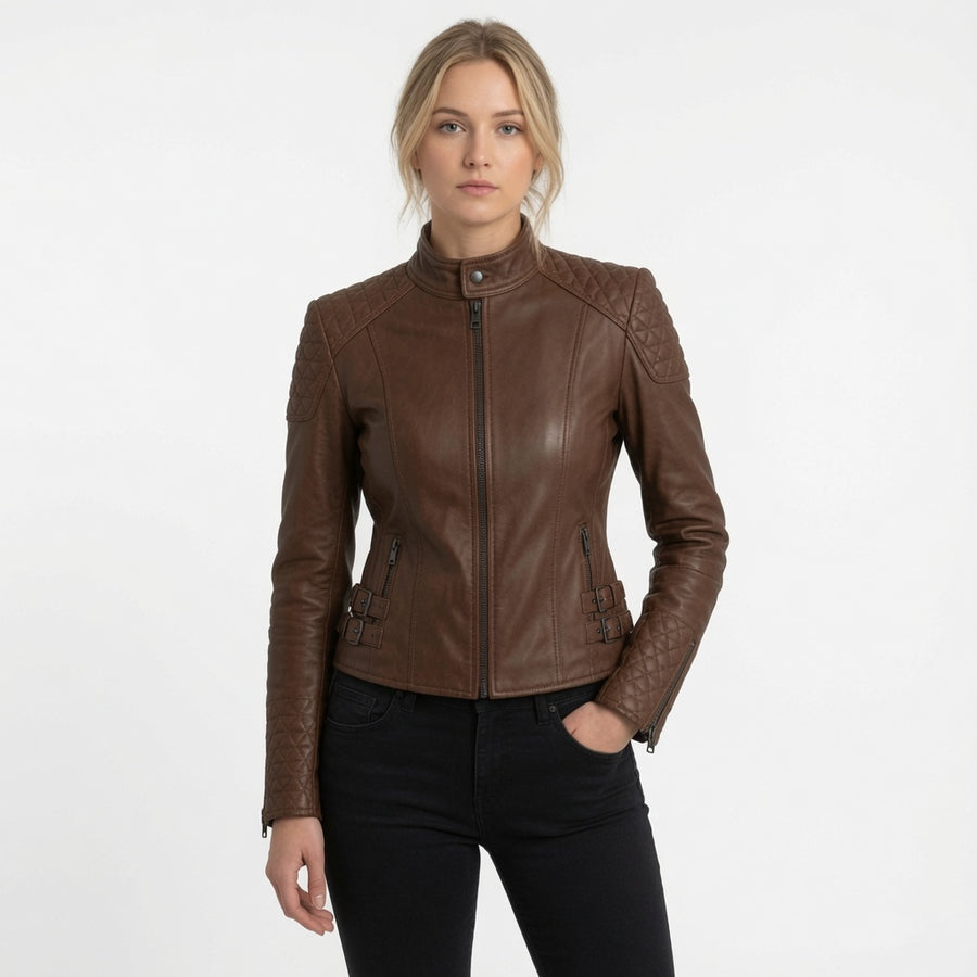 Damen braune Echtleder Motorradjacke – Steppschulter Slim-Fit Bikerjacke