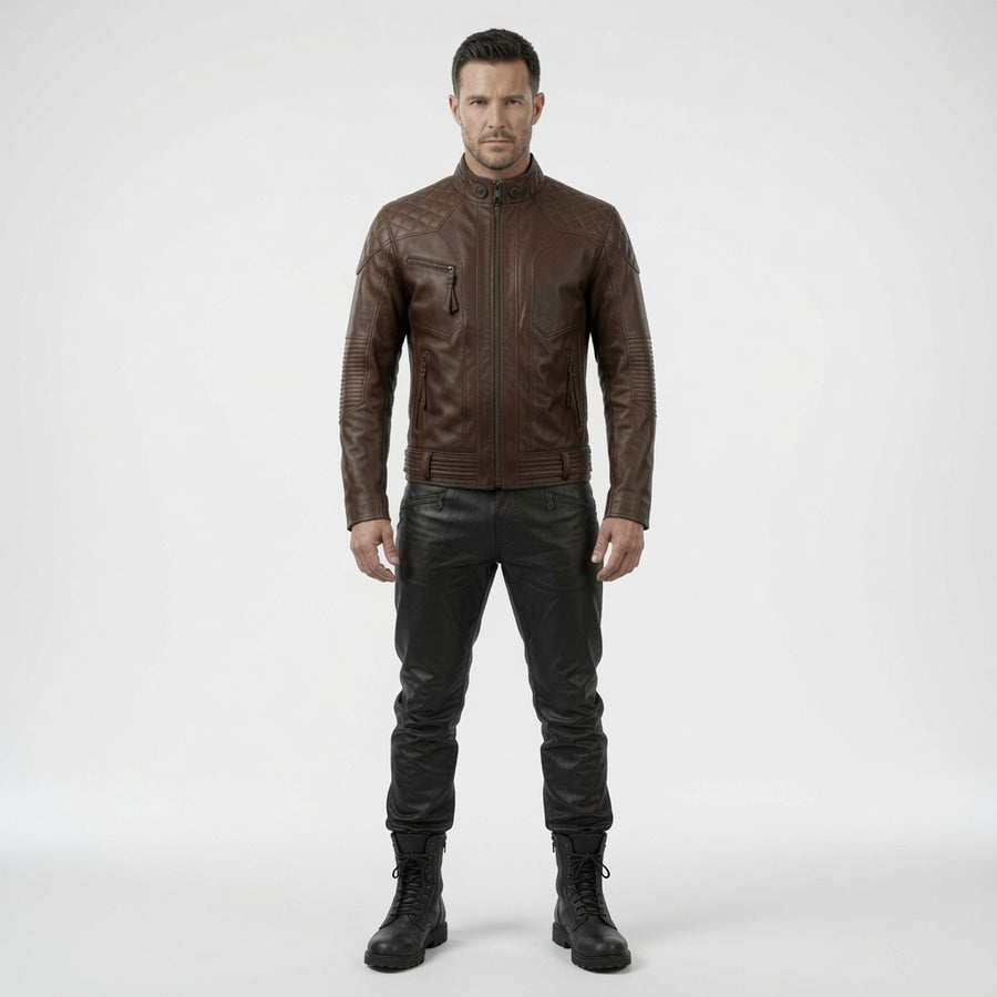 Men's Brown Quilted Leather Biker Jacket – Classic Motorcycle Café Racer Jacket