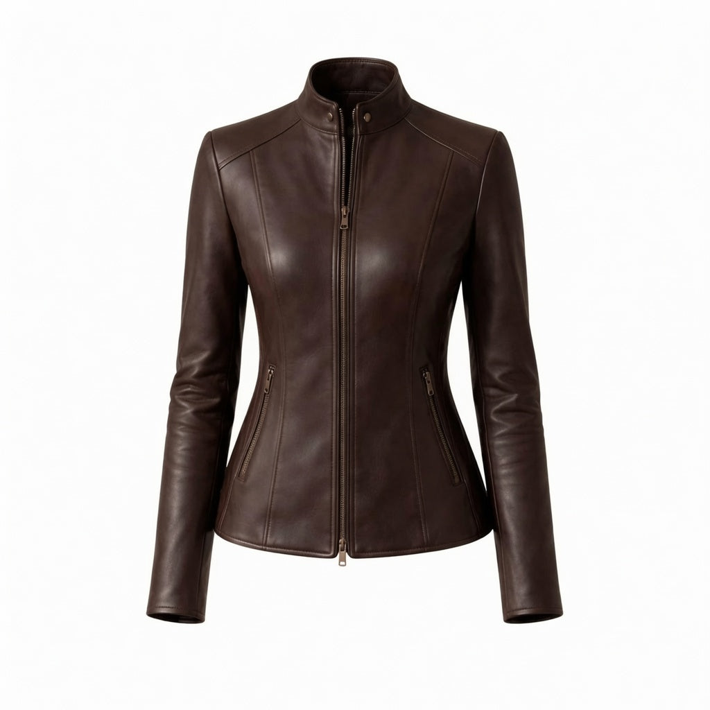 Damen Dunkelbraune Motorradjacke aus echtem Leder | Schmale Café Racer Lederjacke